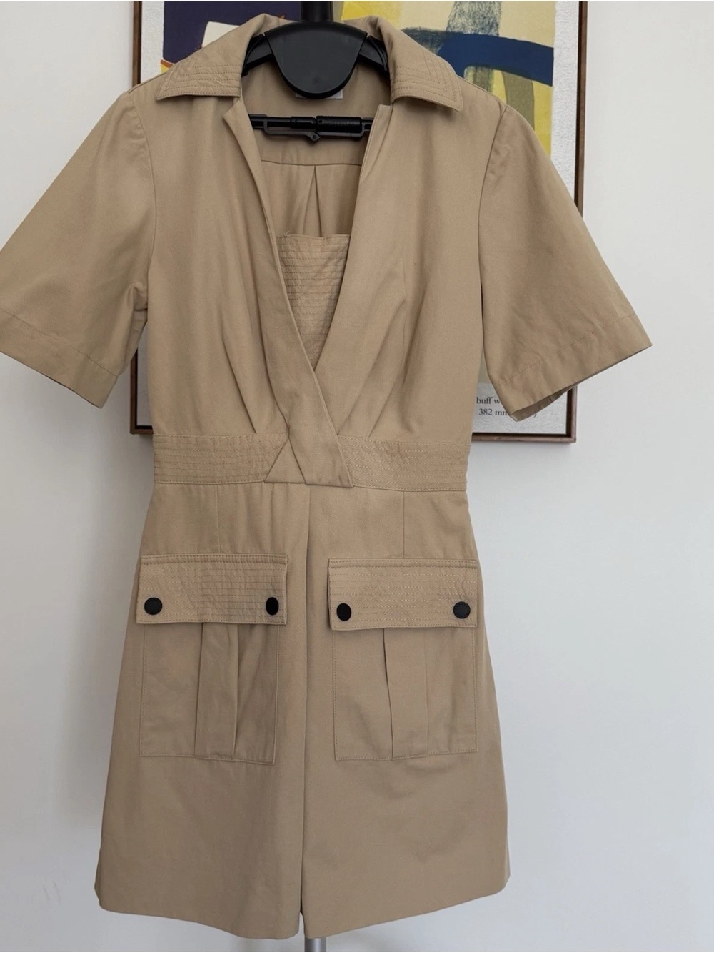 Classic Tan Short-Sleeve Shirt Dress with Front Pockets
